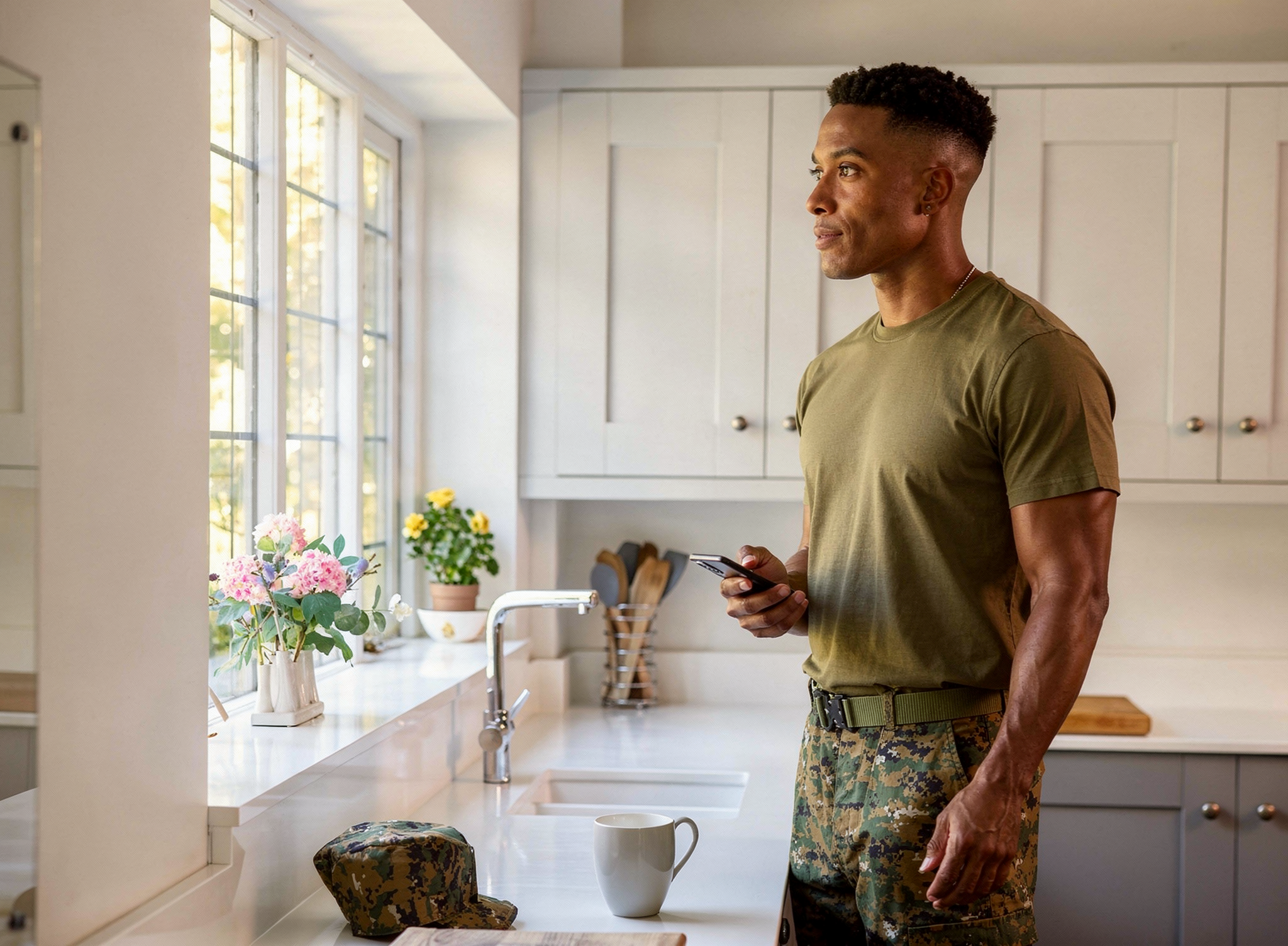 A Marine in his kitchen.