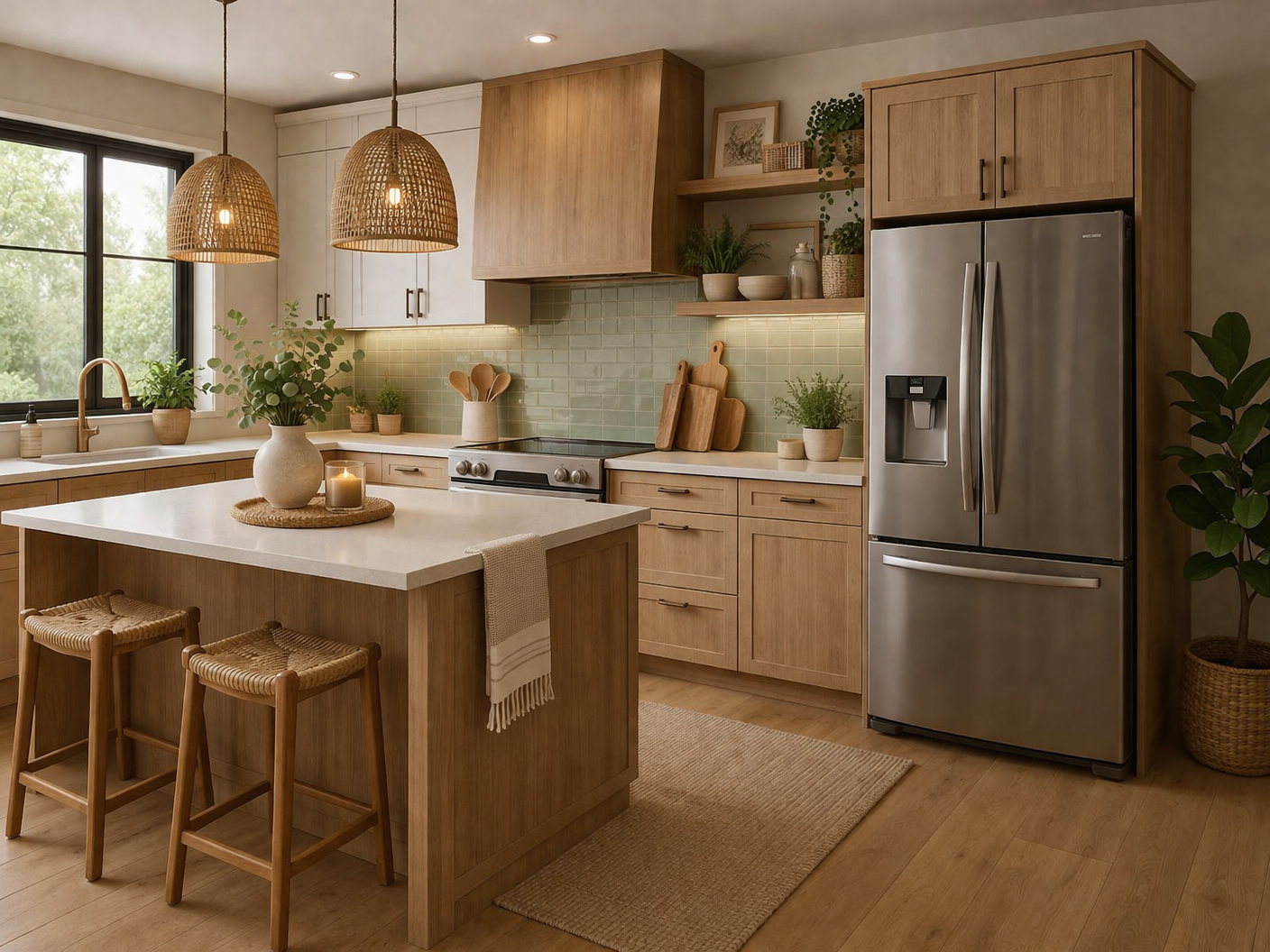 A kitchen with stainless appliances.
