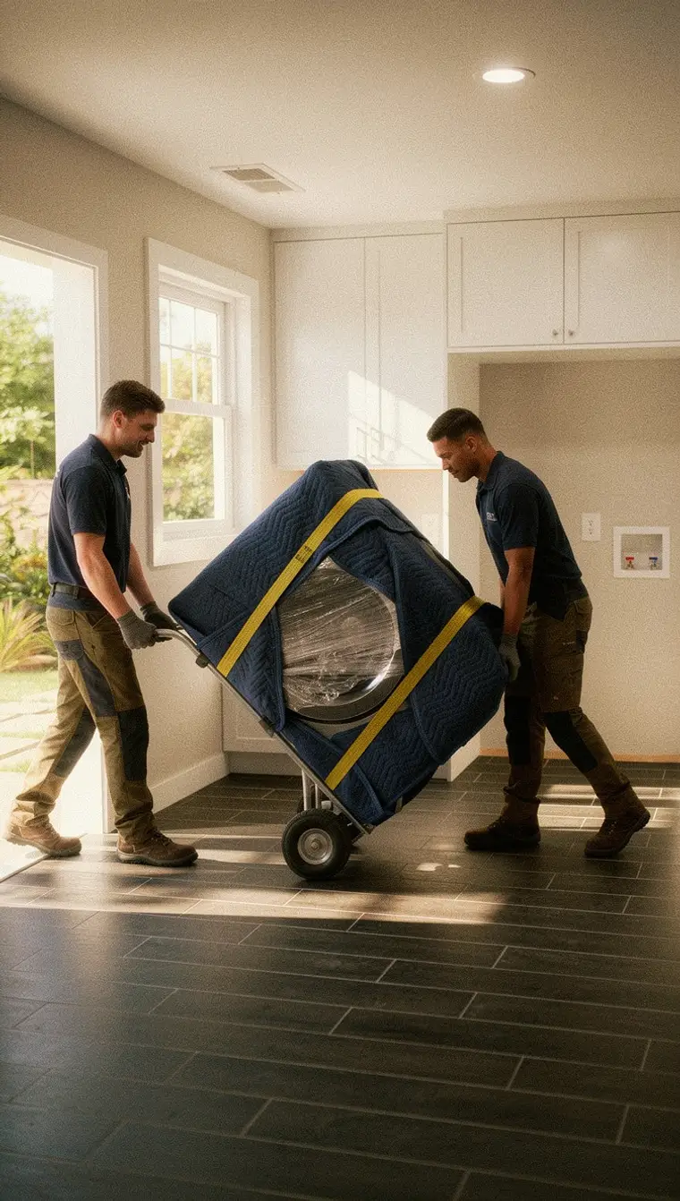 Two-person team moving appliances into a home.